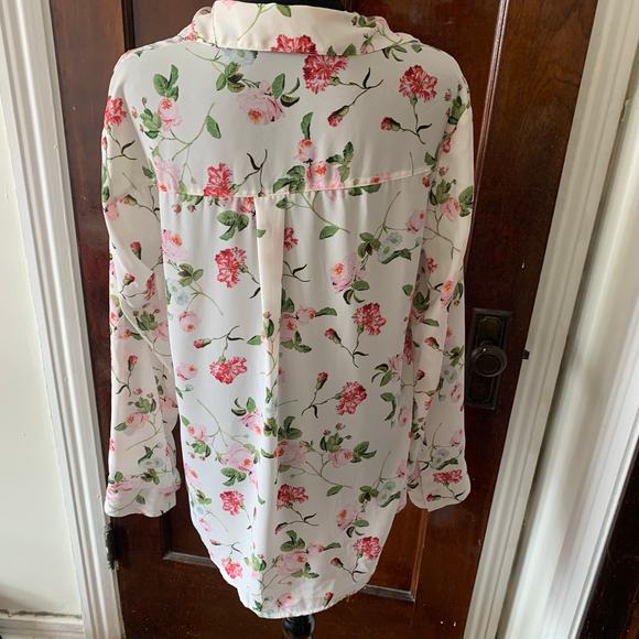 Express White Chiffon Collared Button Down White Floral Shirt LARGE Roll Tab - Picture 9 of 16